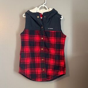 Columbia Red and Black Checkered Hooded Vest